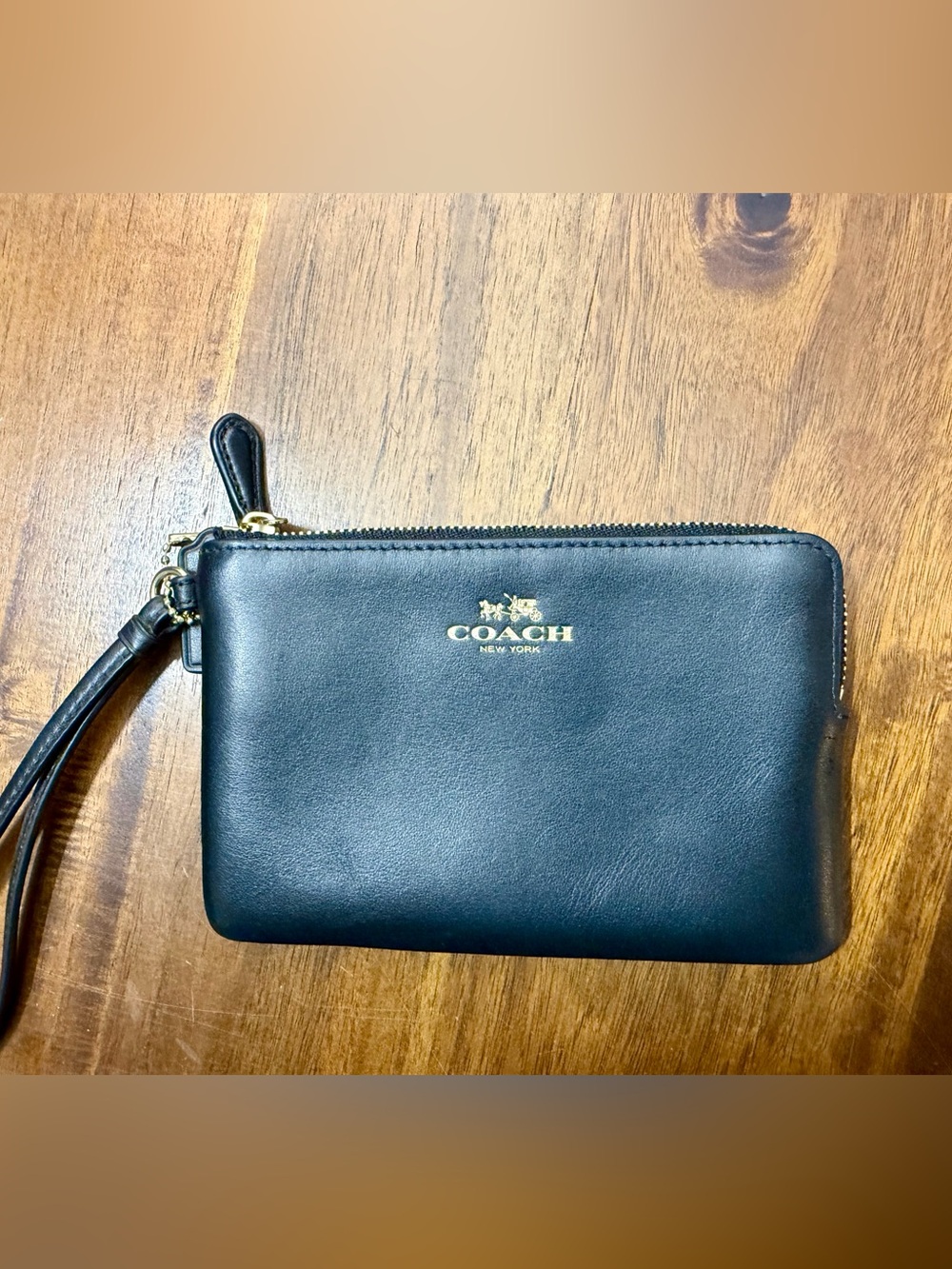 Coach Black Leather Wristlet with Gold Logo